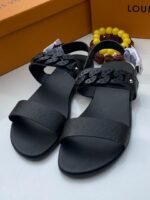 Black Flat Sandals with Monogram and Chain Link Strap - Image 2