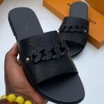 Black Flat Sandals with Monogram and Chain Link Strap