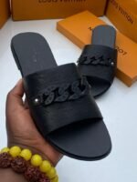 Black Flat Sandals with Monogram and Chain Link Strap