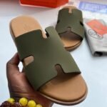 Olive Green Leather H Cutout Slide Sandals