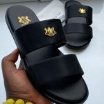 Aristocrat Black Leather Double Strap Crest Logo Slippers