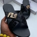 black croc textured slide sandals