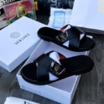 Versace Black Leather Medusa Cross Strap Sandals