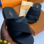 Louis Vuitton Black Leather Textured Cross Strap Slides