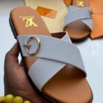 White Criss Cross Leather Sandals with Gold Ring Accent