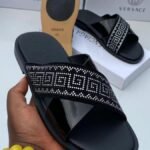 Black Leather Rhinestone Greek Key Slide Sandals