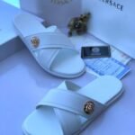 White Cross Strap Sandals with Gold Medusa Emblem