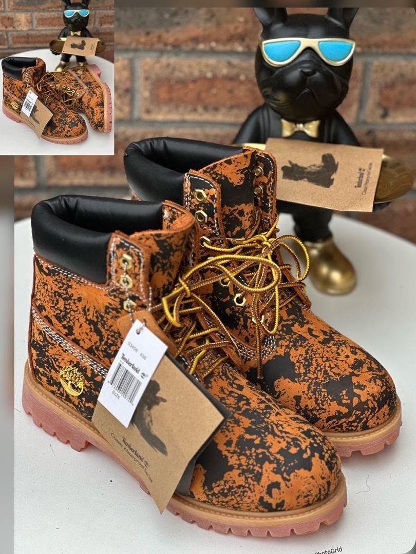 Yellow-Brown-Nubuck-Boots-with-Black-Splatter-Pattern.jpg Yellow-Brown Nubuck Boots with Black Splatter Pattern - Image 1